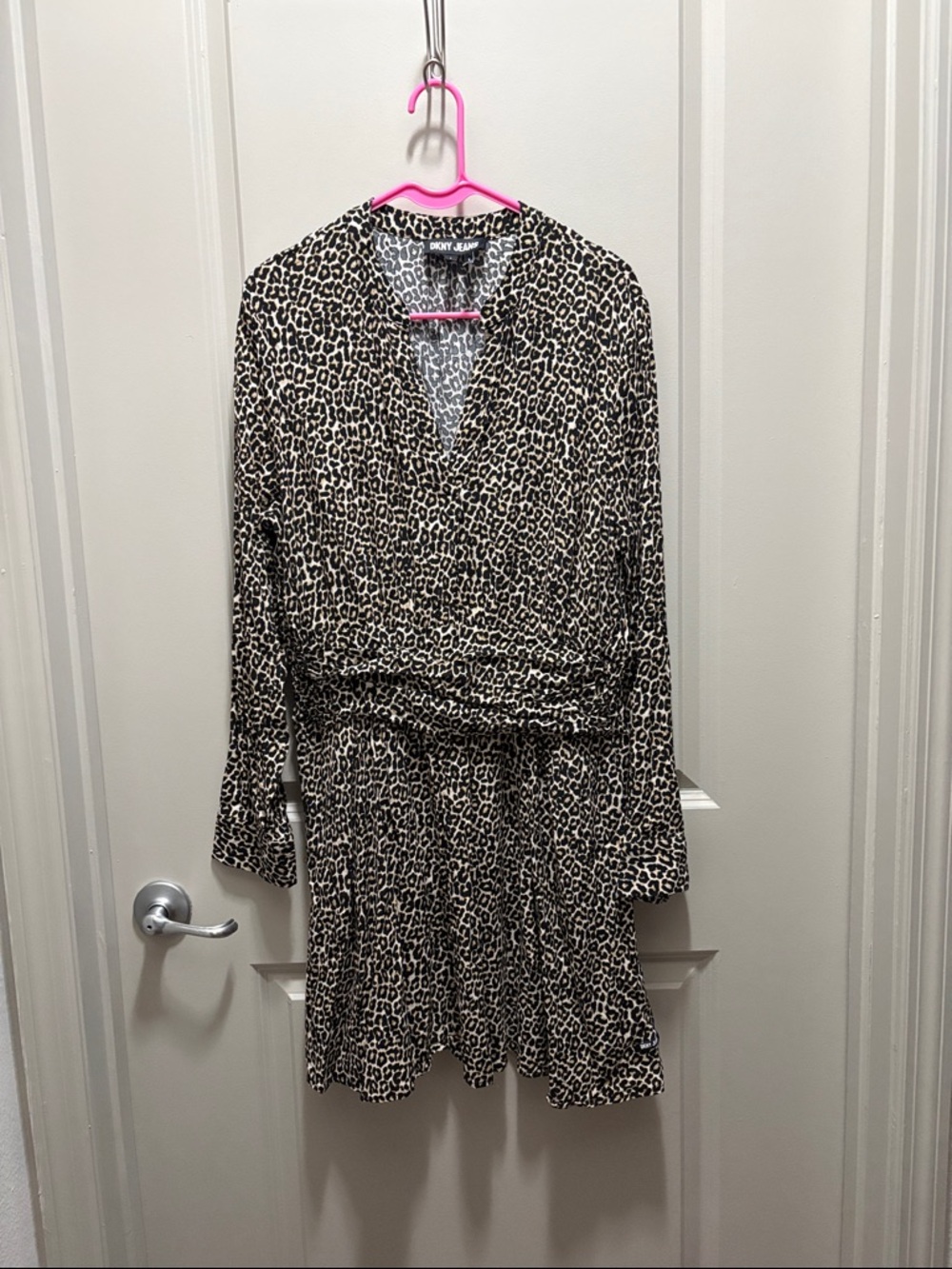 DKNY Leopard Print Long-Sleeve Wrap Dress in Black and Cream